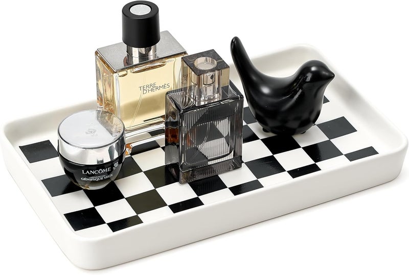Pottify Texture Checkered Surface 10"×6"×1" Bathroom Vanity Tray for Countertop- Ceramic Decorative Organizer Tray for Dresser Top, Toilet, Perfume, Sponge Holder Soap Dish Dispenser for Kitchen Counter - Image 1